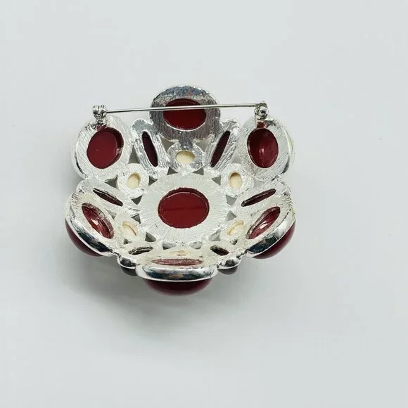 Vintage Red Cabochon Statement Brooch Gold Tone - Picture 7 of 8